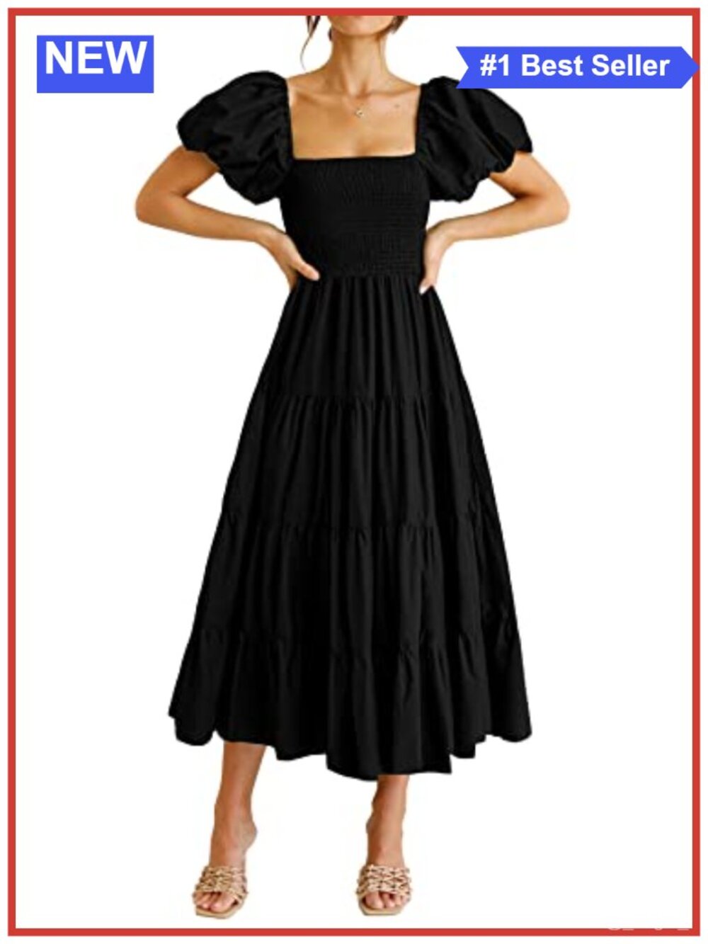 Women's Smocked Midi A-Line Dress with Puffy Sleeves Square Neck